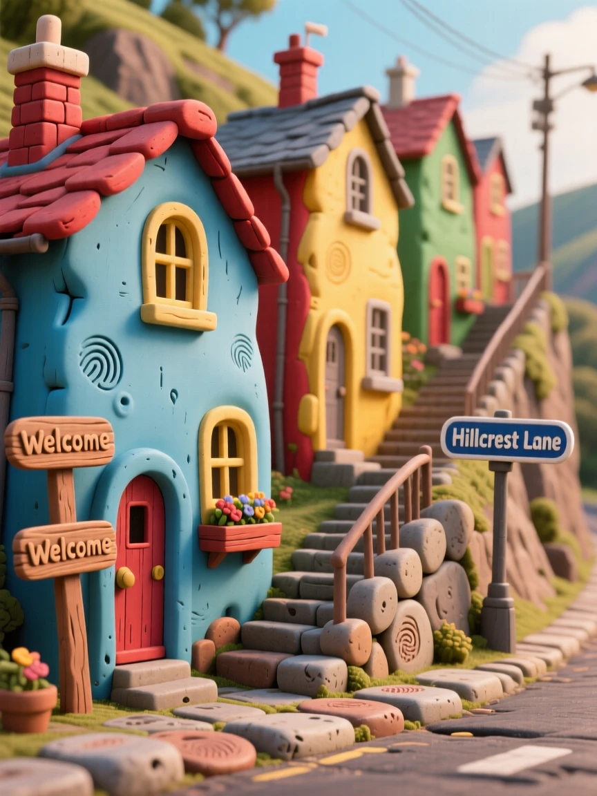 A row of colorful terraced houses on a steep hillside street