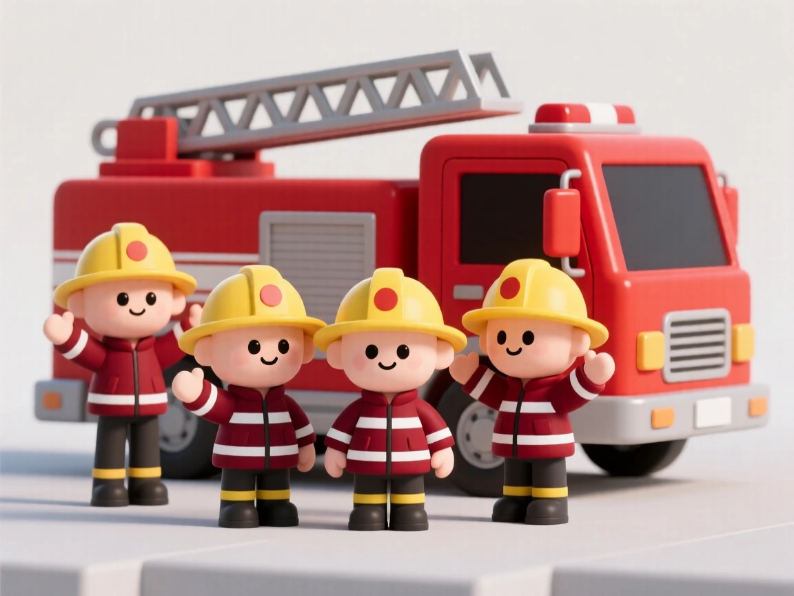 A group of firefighters pose proudly in front of their gleaming red truck after a successful rescue.