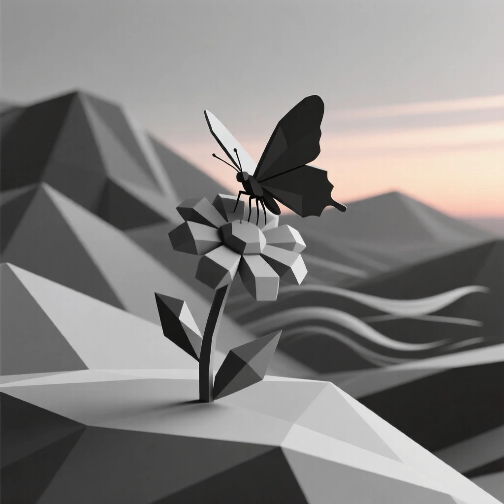 A butterfly resting on a blooming flower, on a windswept ridge at dusk. soft natural light highlights every texture. There is a sense of quiet wonder.