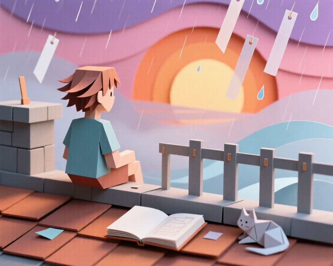 A young artist watching a sunset from a rooftop, with gentle rain misting the air, evoking love across generations.