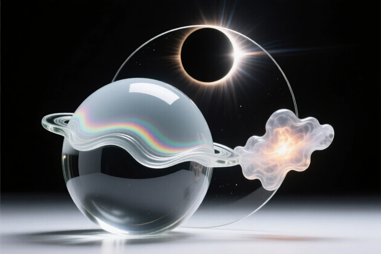 As auroras ripple across the upper edge of a planet, a solar eclipse casting a corona of light around a darkened sun, while a soft glow radiates from the heart of a nearby nebula