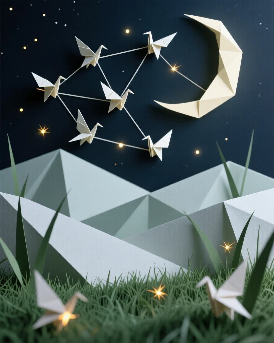 A moonlit meadow where fireflies form the shape of a glowing constellation above.