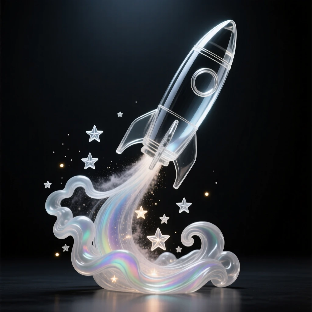 As swirling clouds of cosmic dust drift nearby, a rocket ascending through a trail of stars toward open space, while stars flicker gently against the endless dark