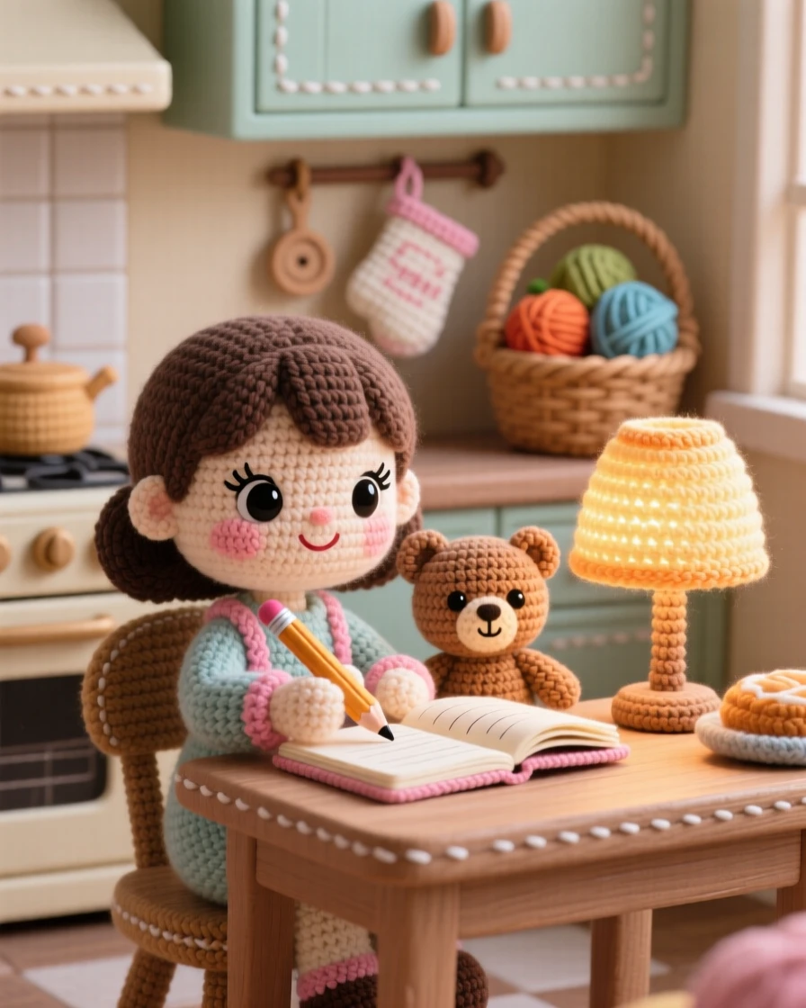 A tender everyday moment: a little girl doing homework at a cozy desk with a small lamp glowing warmly, carefully writing in a notebook inside a quiet kitchen filled with the smell of baking; a favorite well-loved stuffed toy completes the scene, full of warm familial love and simple comfort.