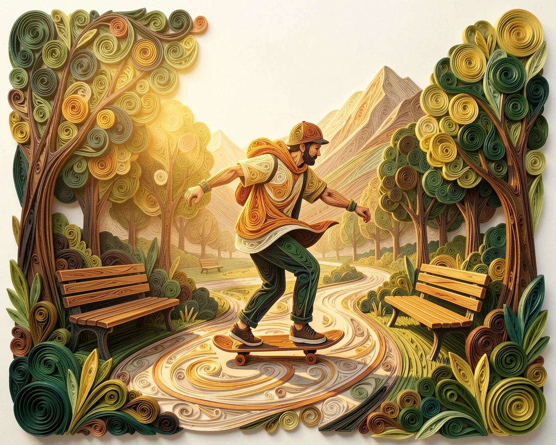 a skateboarder gliding through a sunlit urban park, along a scenic mountain hiking trail, composed with a fresh, airy, minimalist aesthetic, with soft golden afternoon light throughout.