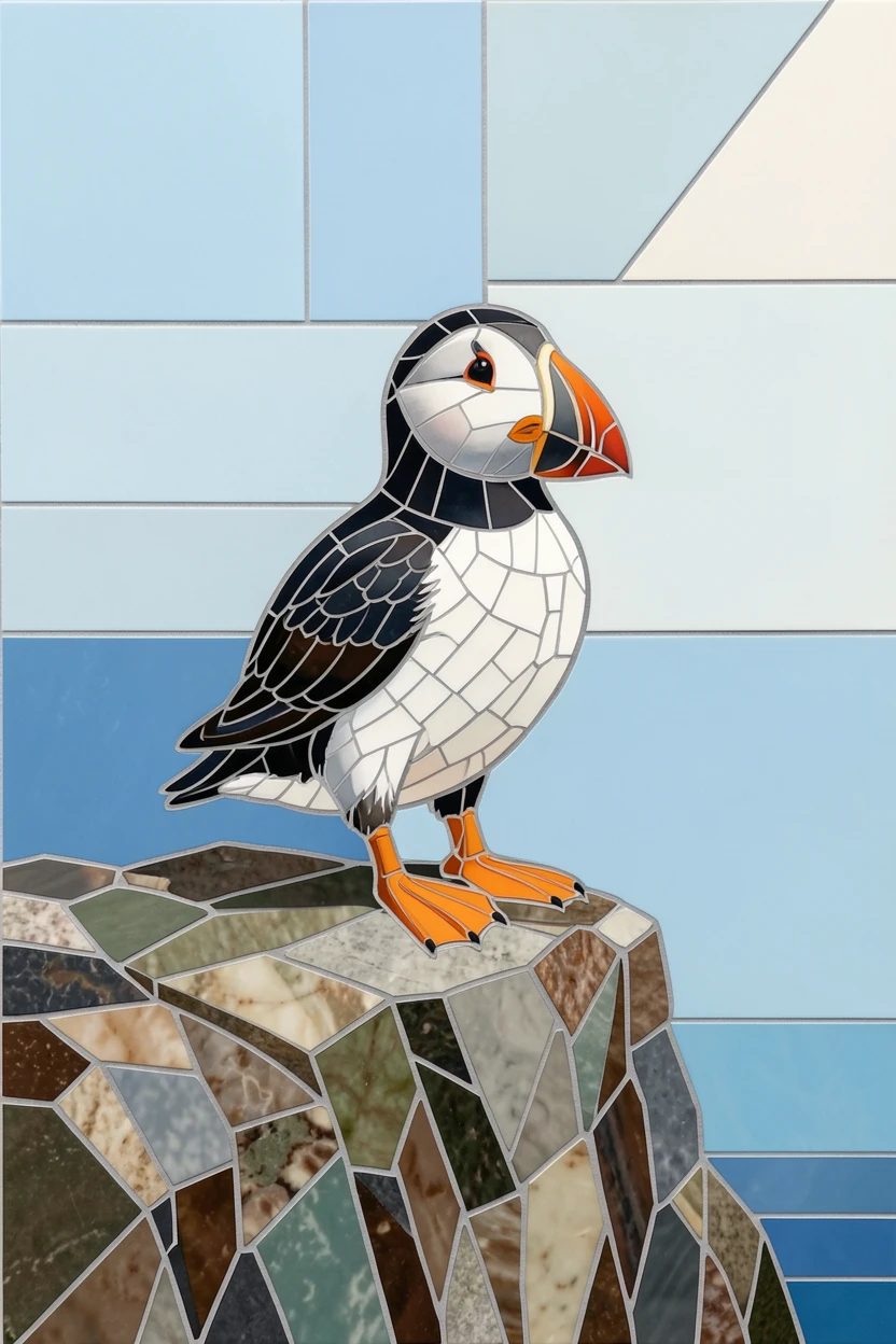 A puffin perched on a rocky coastal cliff, captured in soft natural light with a shallow depth of field.