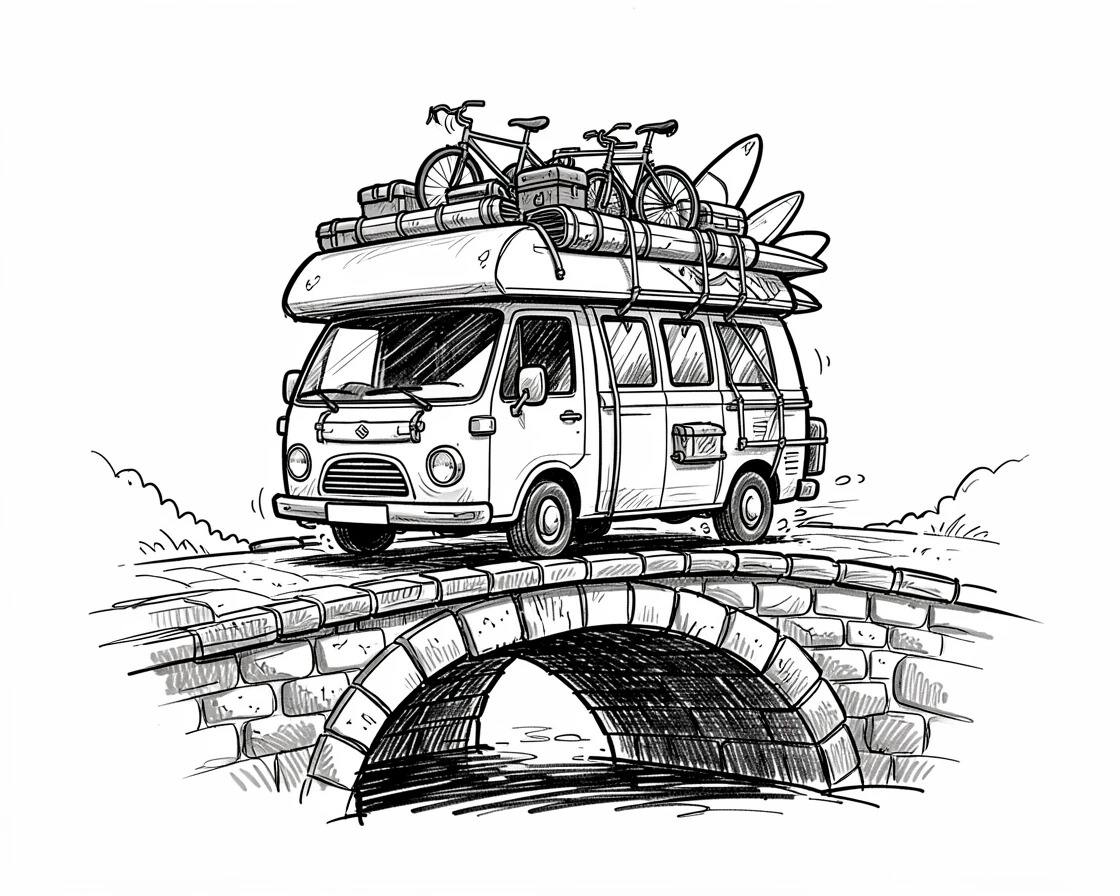 A camper van packed for a road trip crossing an old stone bridge.