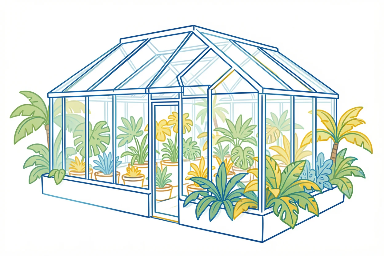 A modern glass greenhouse filled with rows of tropical plants.