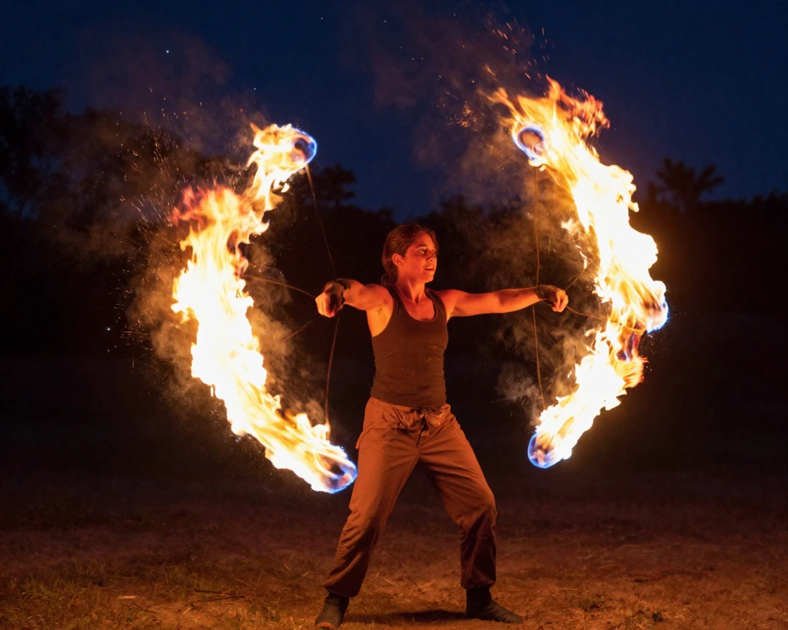 A fire dancer spinning flaming poi at night
