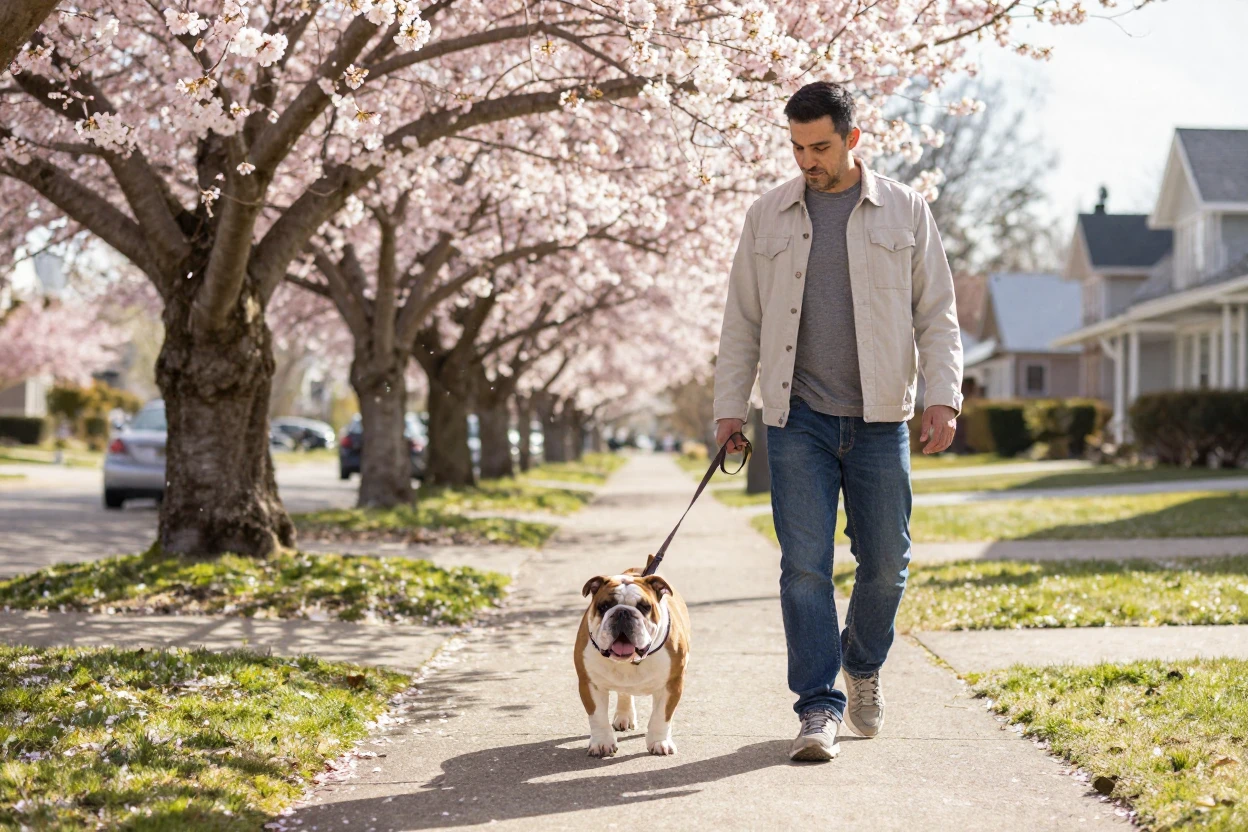 A man walks his bulldog past a row of blooming cherry trees on a Sunday morning.