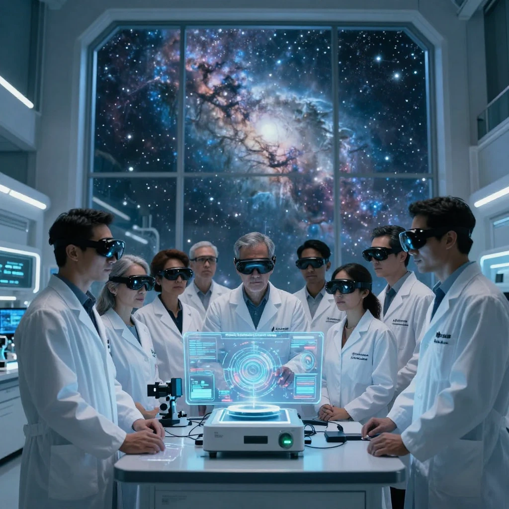 A group of scientists testing new technology in a sterile lab within a vast icy nebula