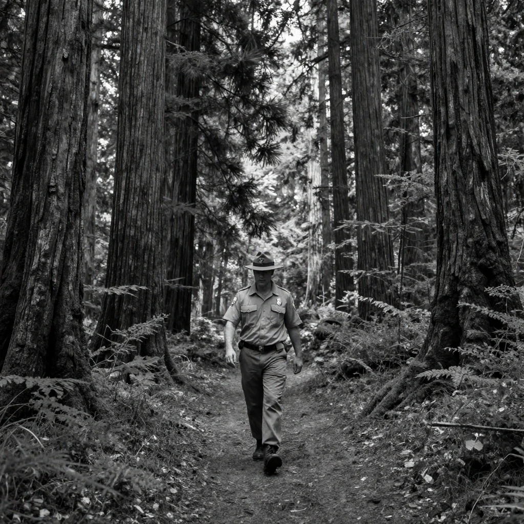 A ranger patrols a remote stretch of wilderness through a dense national forest.