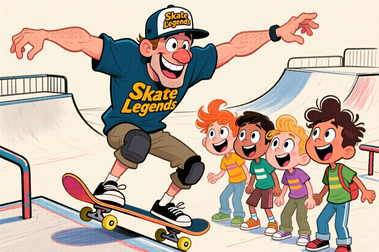 A skateboarding coach demonstrating a trick to a group of eager young students.