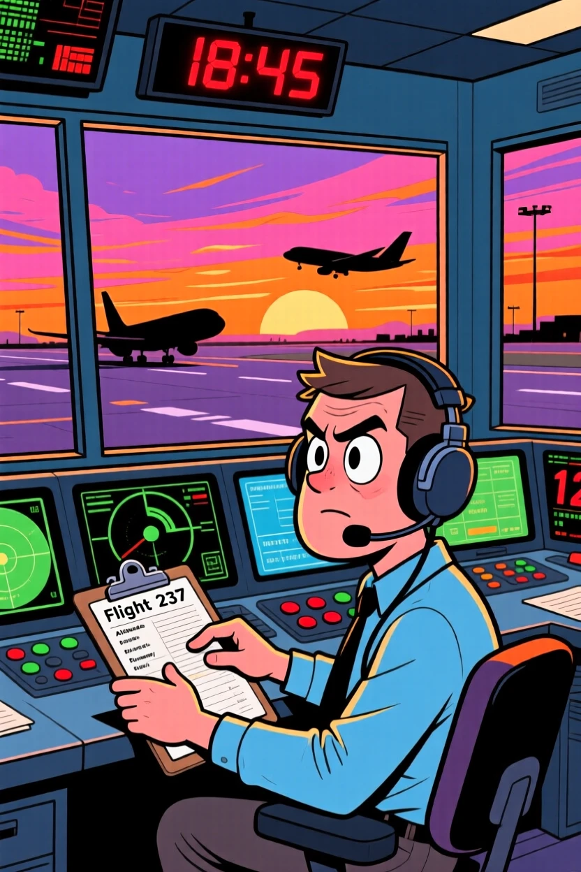 A vibrant profession-themed portrait of a busy air traffic controller carefully double-checking every last detail, as the sun sets behind the workplace.