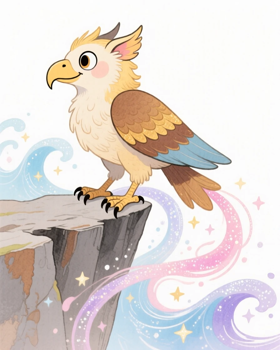 A griffin perched on a cliff riding a wave of shimmering stardust
