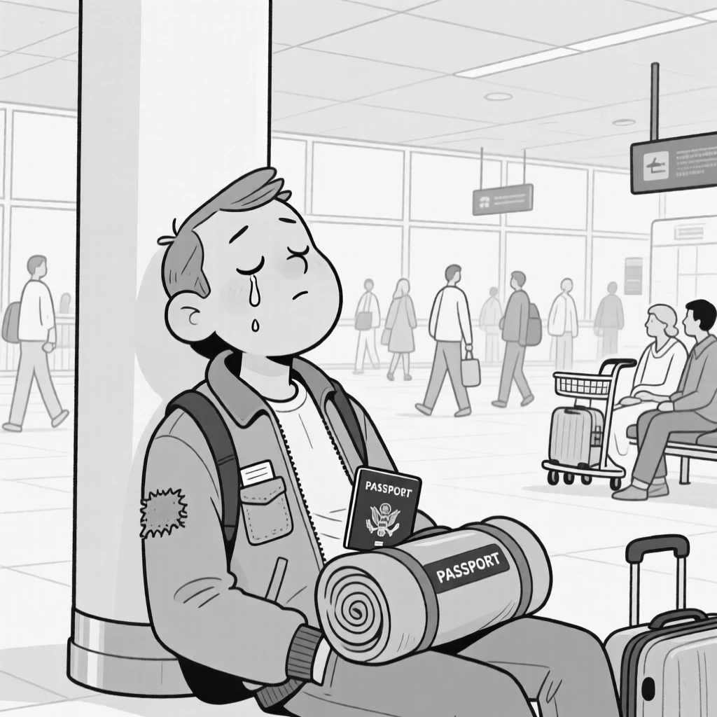 A traveler napping upright against an airport pillar, drooling slightly onto a rolled-up jacket, set in a crowded, echoing airport terminal. A worn passport peeks out of a jacket pocket. The image feels like a postcard brought playfully to life.