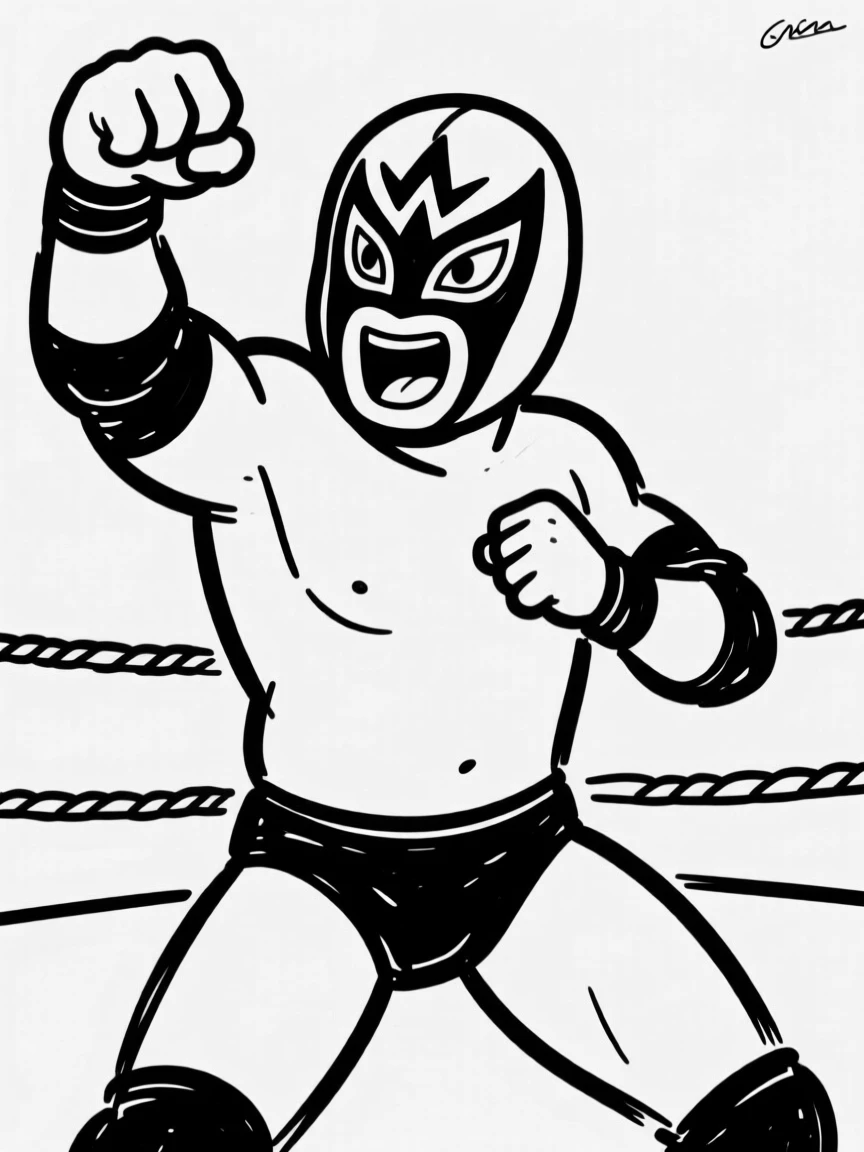 A masked luchador wrestler striking a dramatic pose in the ring.