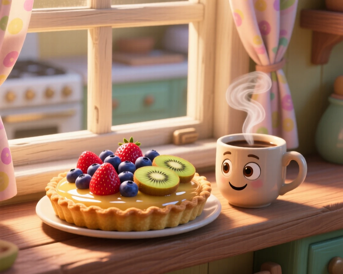 A fresh fruit tart with glossy glaze sits beside a window with morning light streaming in, next to a steaming cup of coffee. A cheerful, mouthwatering warmth surrounds the dish.