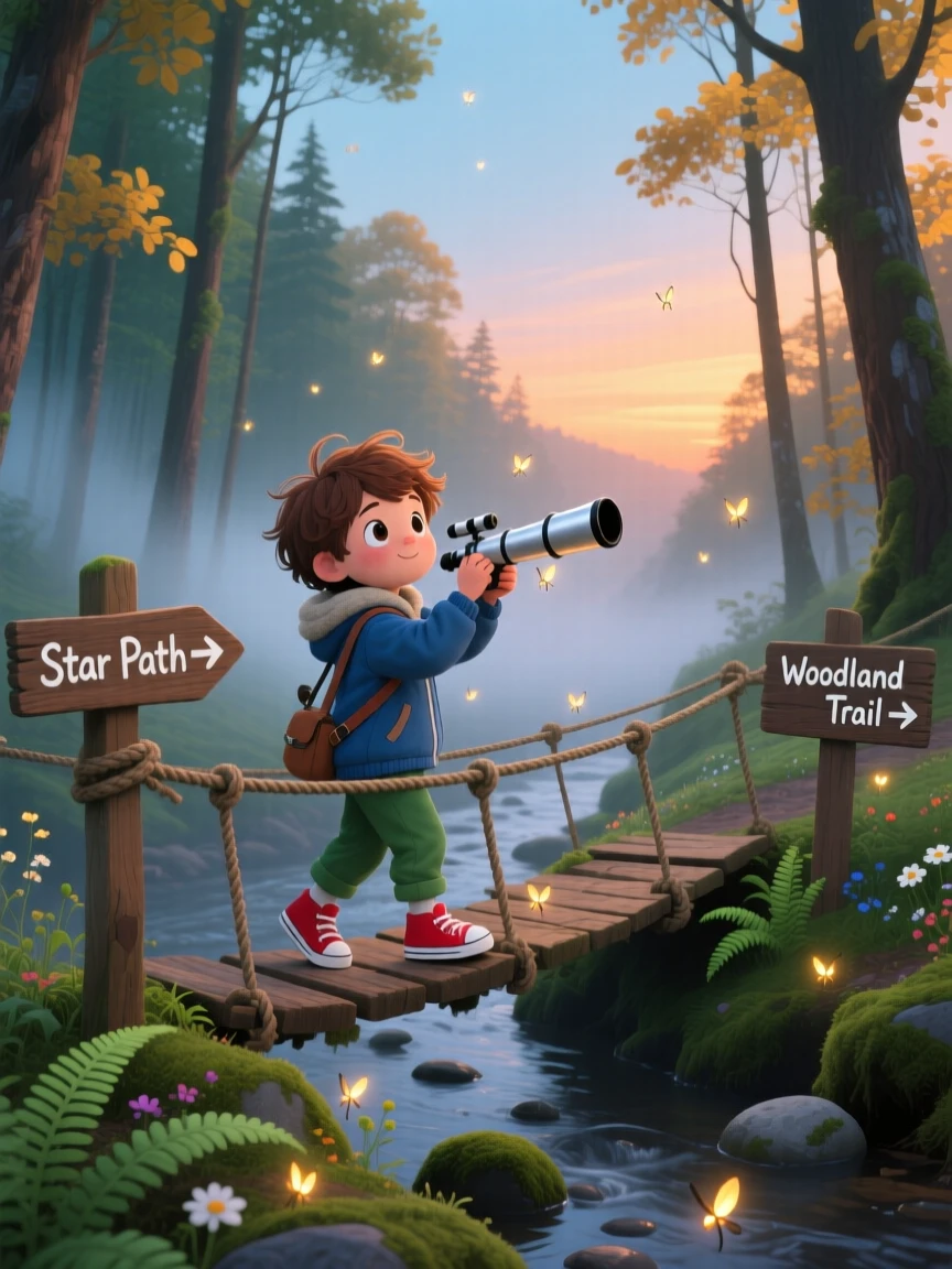 A young stargazer with a telescope spends the day crossing a rope bridge over a gentle ravine through a foggy morning woodland, as fireflies begin to appear at dusk.