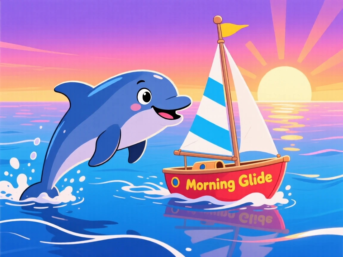 A dolphin gliding alongside a small sailboat at sunrise.
