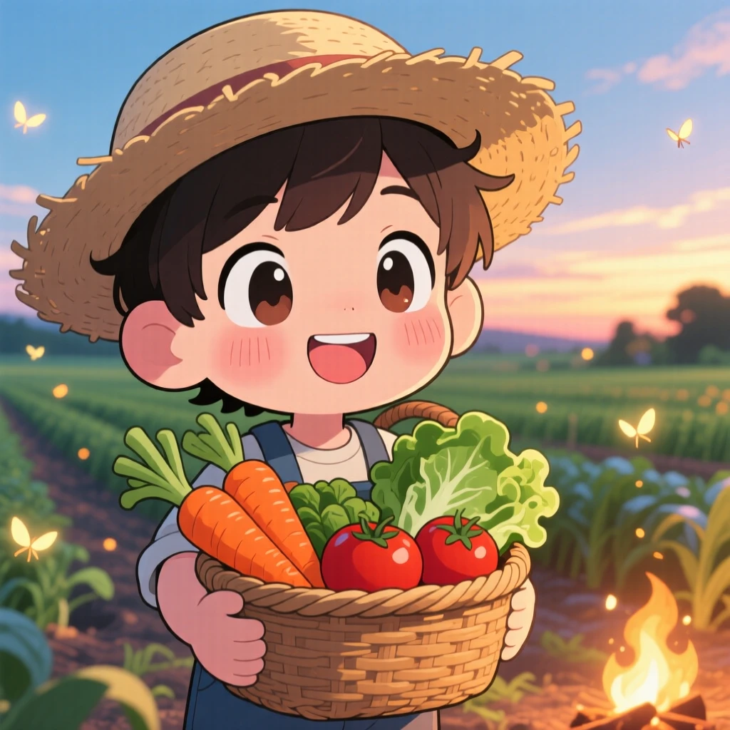 Extreme close-up: a young farmer, carrying a basket of freshly picked vegetables, set against a sunny farm field as fireflies begin to glow at dusk, with cozy firelight and a mood of bubbly enthusiasm.