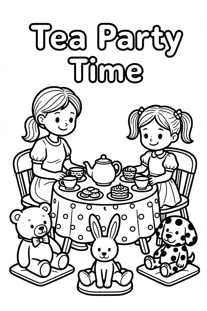A mother and daughter having a tea party with stuffed animals