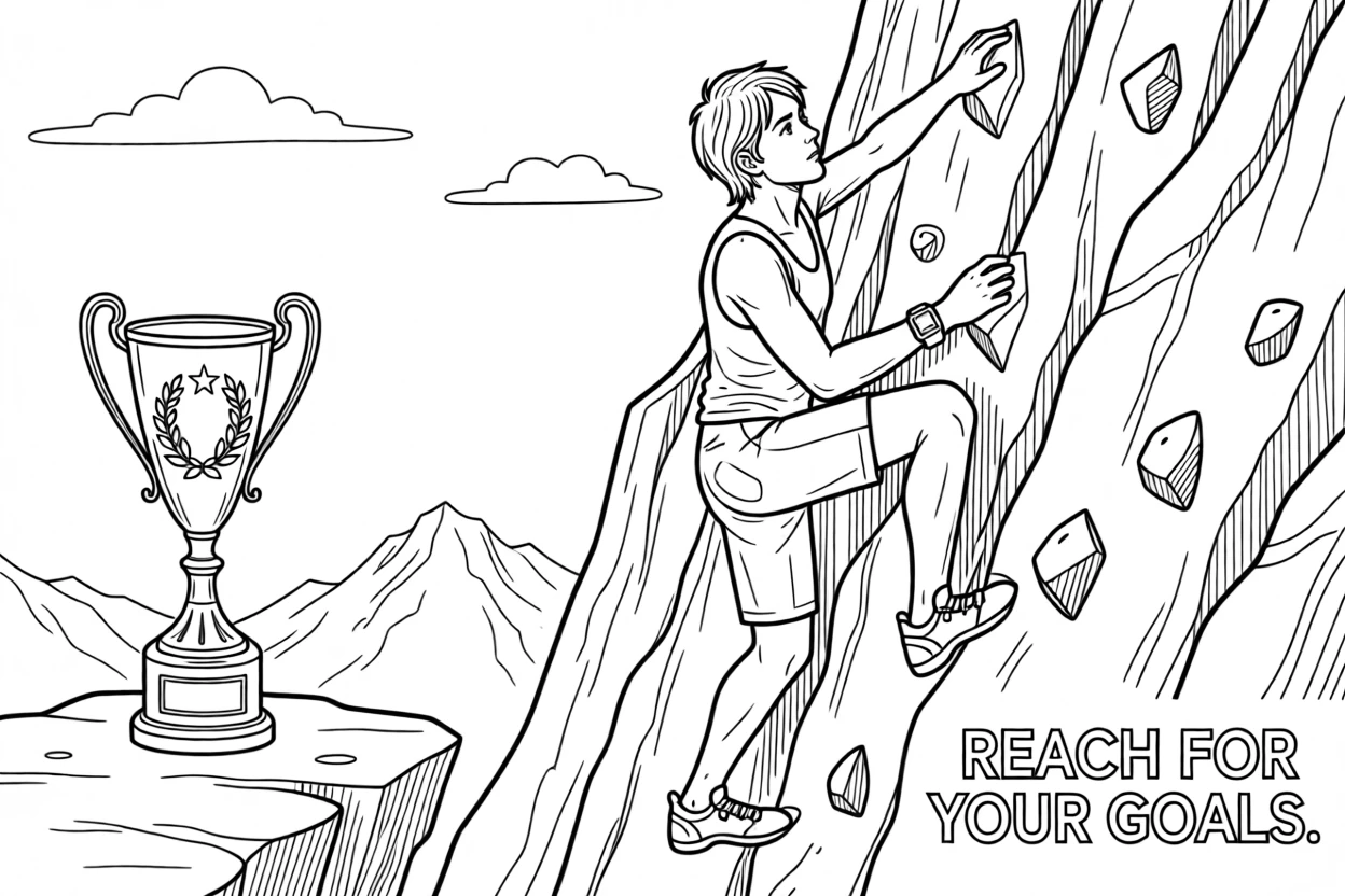 A rock climber reaching for a hold high on a cliff face, with a trophy gleaming nearby.