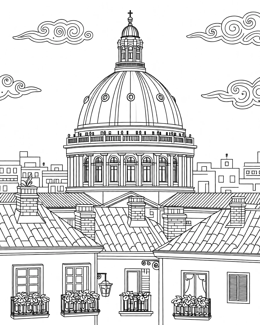 The dome of a grand cathedral rising above old rooftops.