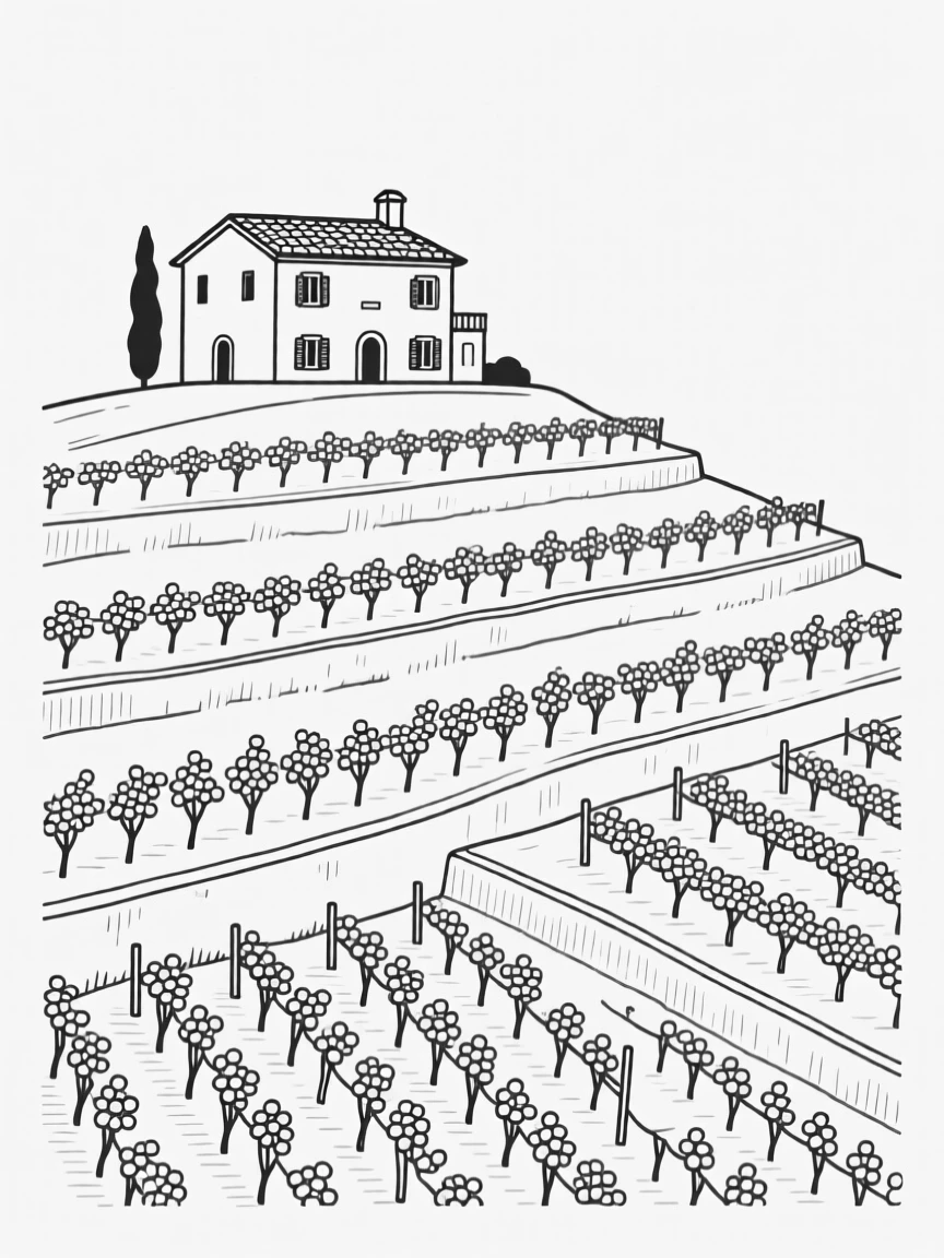 A row of terraced vineyards climbing a hillside toward a villa