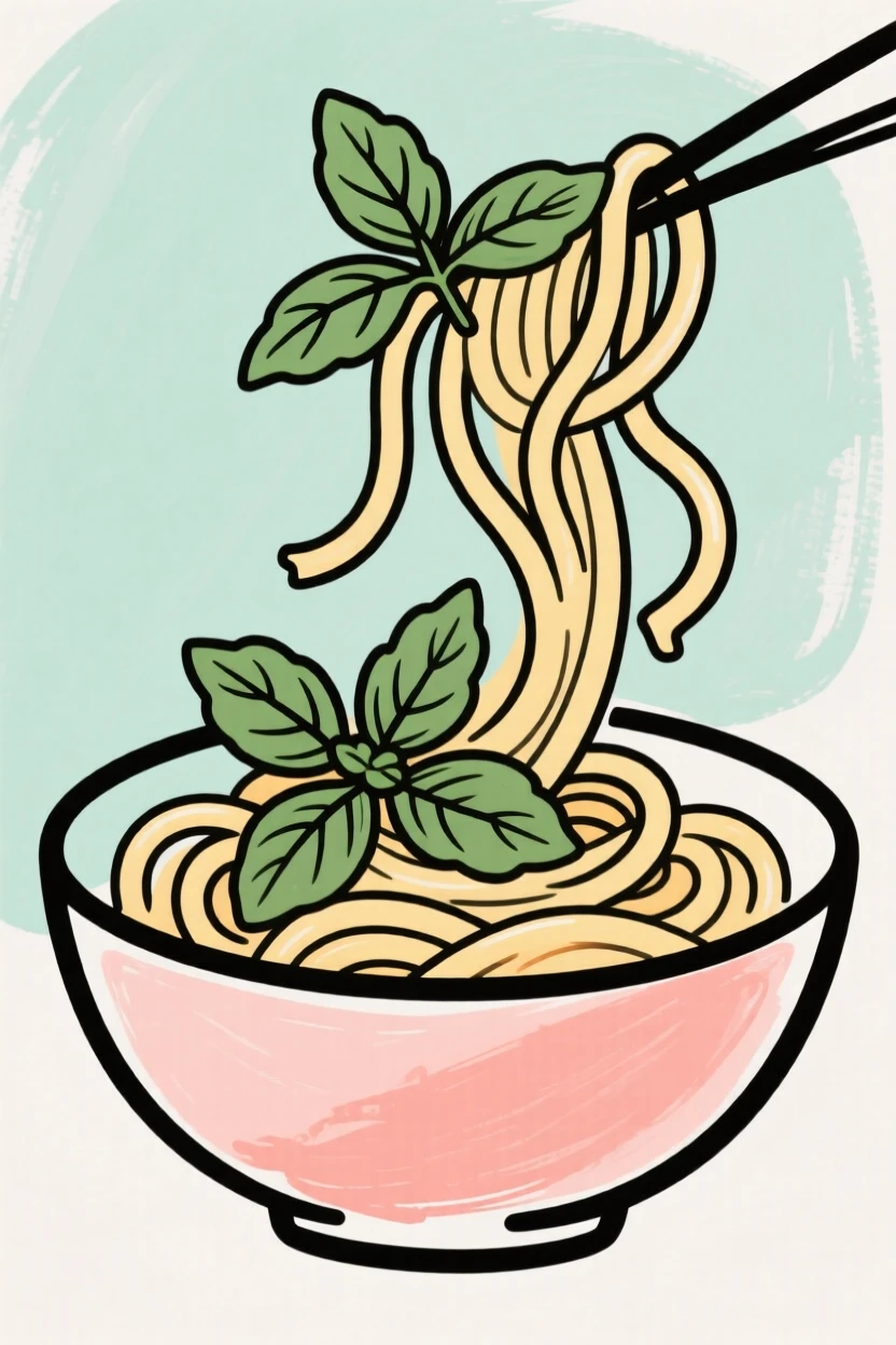 A bowl of pasta with fresh basil