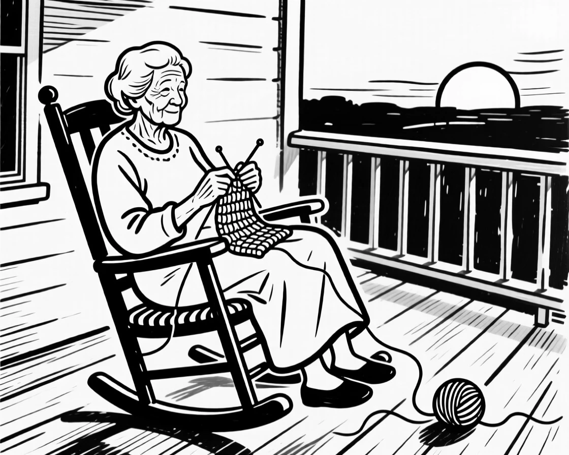 A grandmother rocking gently in a chair while knitting on a porch at sunset.