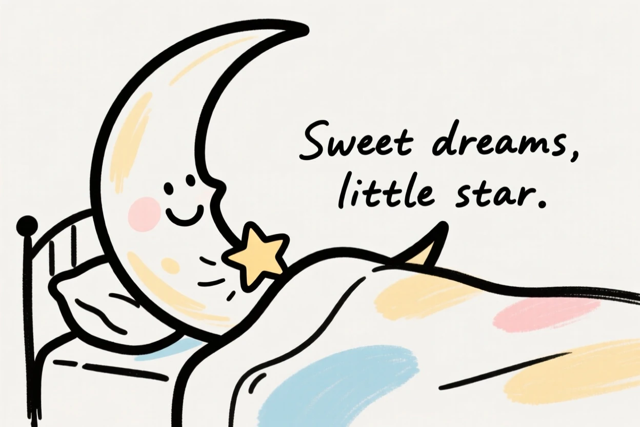 A smiling cartoon moon tucking a tiny star into bed.
