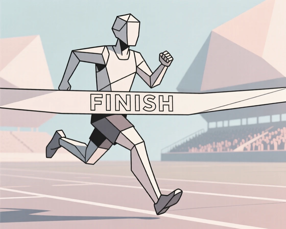 A young athlete crossing a finish line
