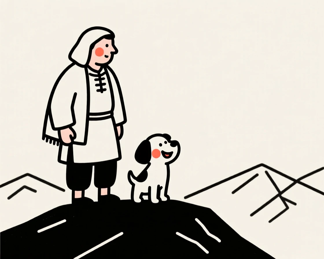 A shepherd with a curious puppy, grinning mischievously, on a mountaintop overlook.