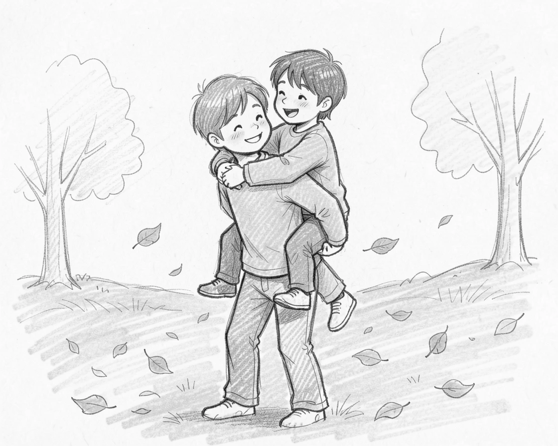 Siblings sharing a piggyback ride, on a golden autumn afternoon, captured in a tender, unguarded moment.