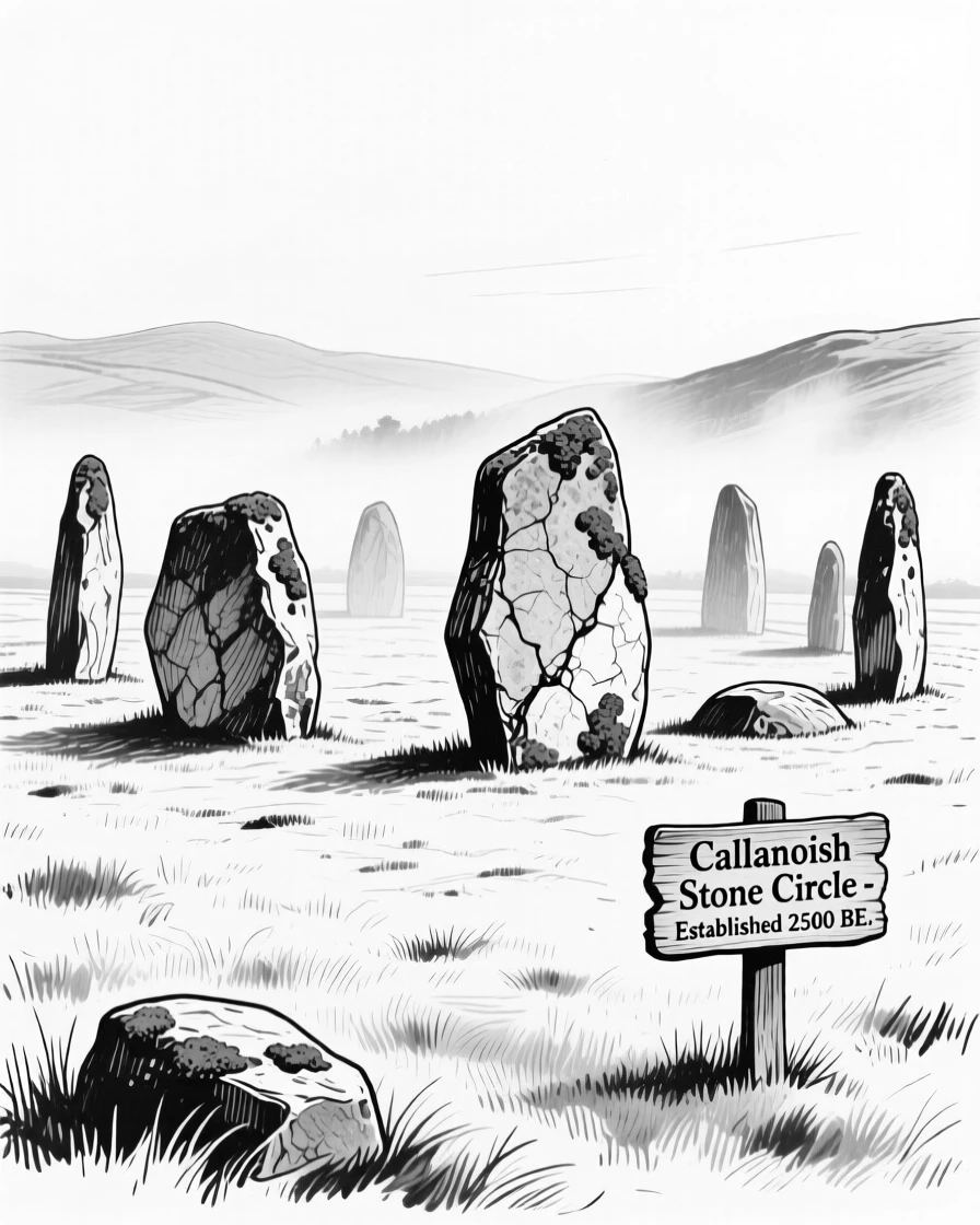 The ancient stone circles of Scotland standing quietly in a misty field.