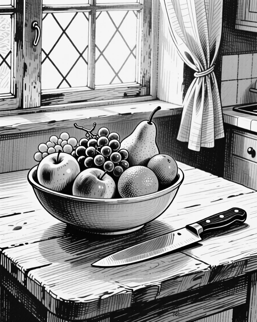 A bowl of ripe seasonal fruit displayed under the soft light of a kitchen window, with a knife resting beside it, presented in a fresh and vibrant culinary still life.