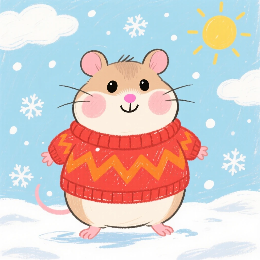 A chubby hamster wearing a tiny knitted sweater on a cold morning.