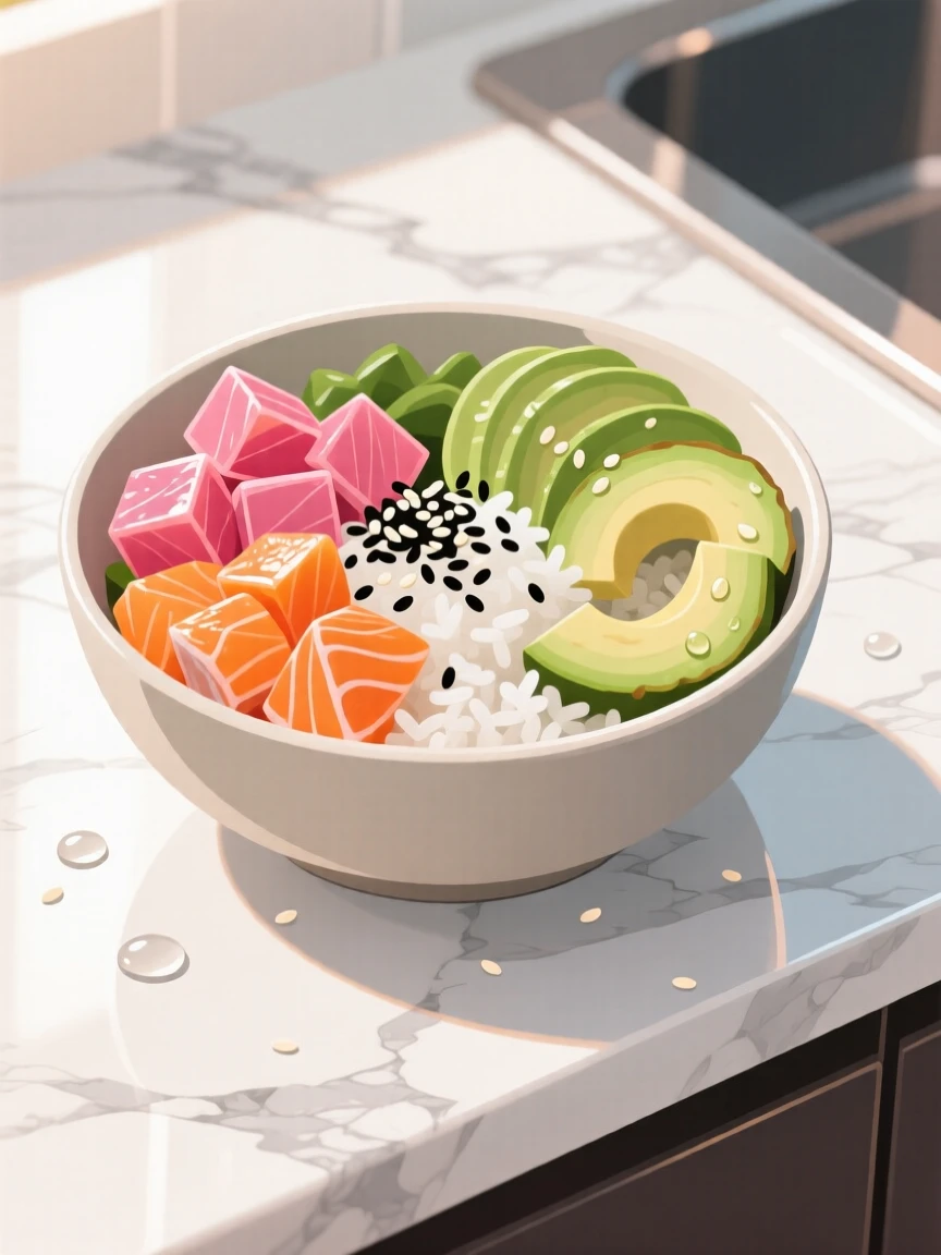 A bowl of colorful poke topped with avocado and sesame seeds, placed atop a marble kitchen counter, framed closely to emphasize glossy, fresh textures, with a joyful, celebratory feel.