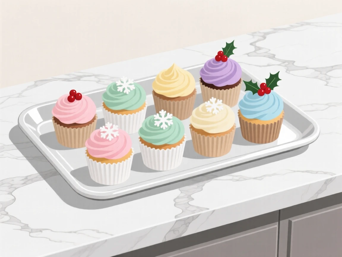 A tray of colorful cupcakes beautifully displayed on a marble countertop at a holiday feast.