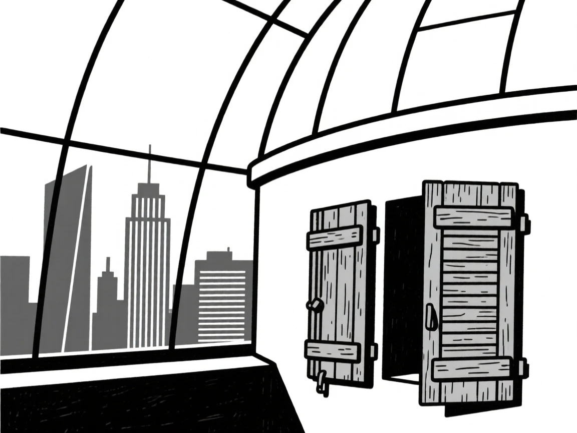 A quiet corner of a domed observatory within a modern city skyline, featuring weathered wooden shutters, full of historic charm.