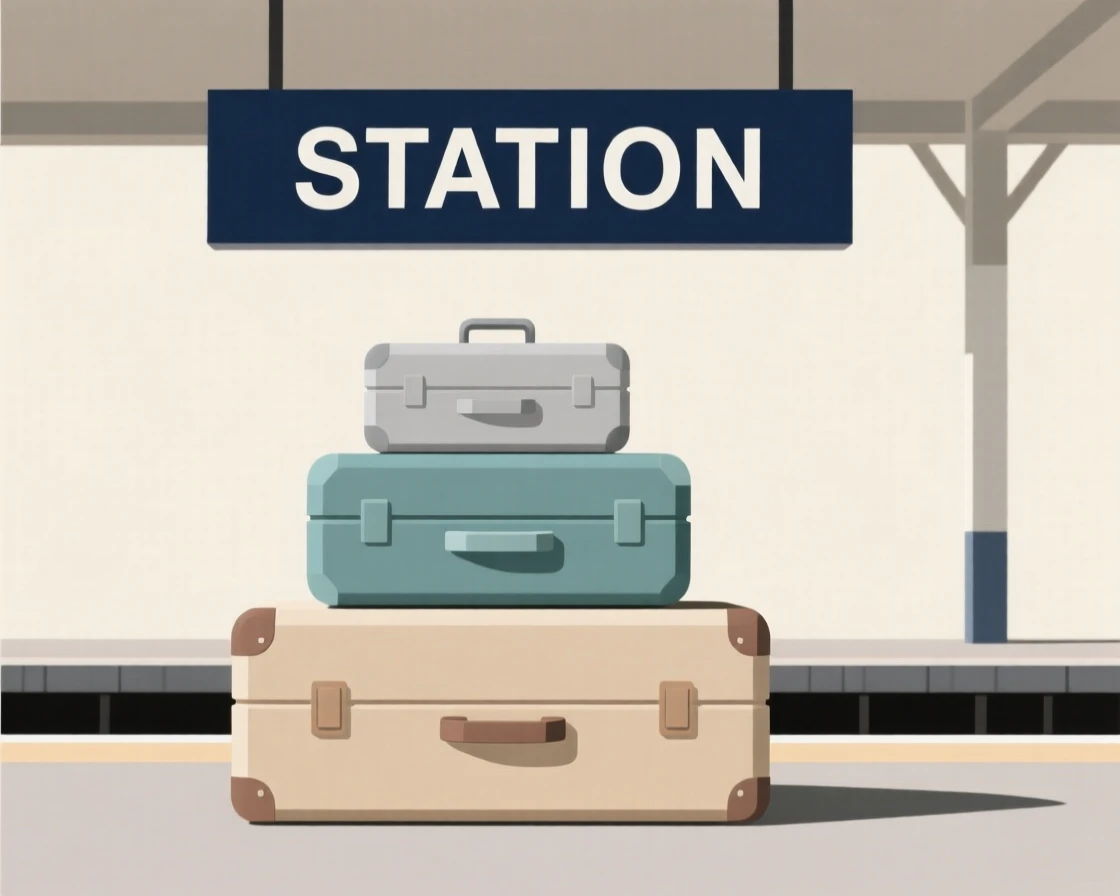 A stack of suitcases at a train station