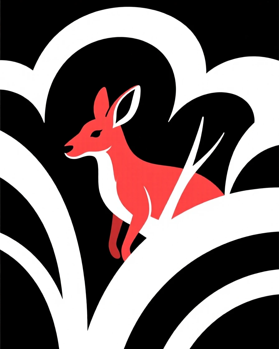 A red kangaroo peering out from behind a bush.