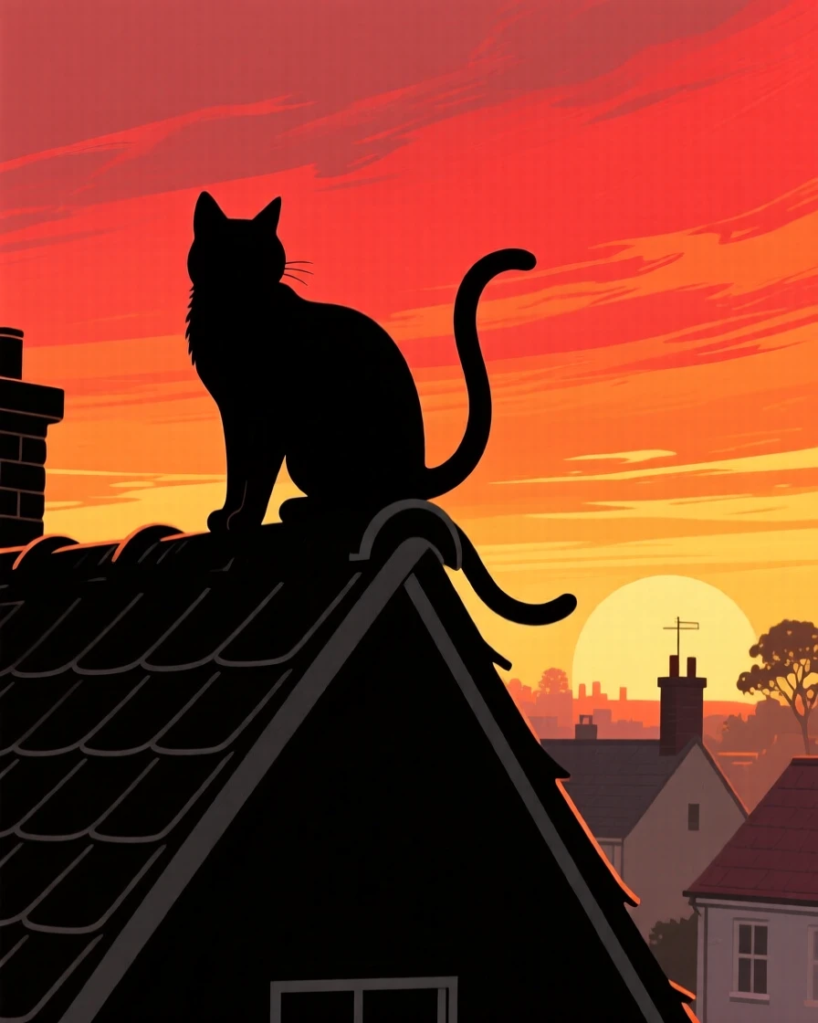 A cat perched on a rooftop, watching the sunset over a quiet town.