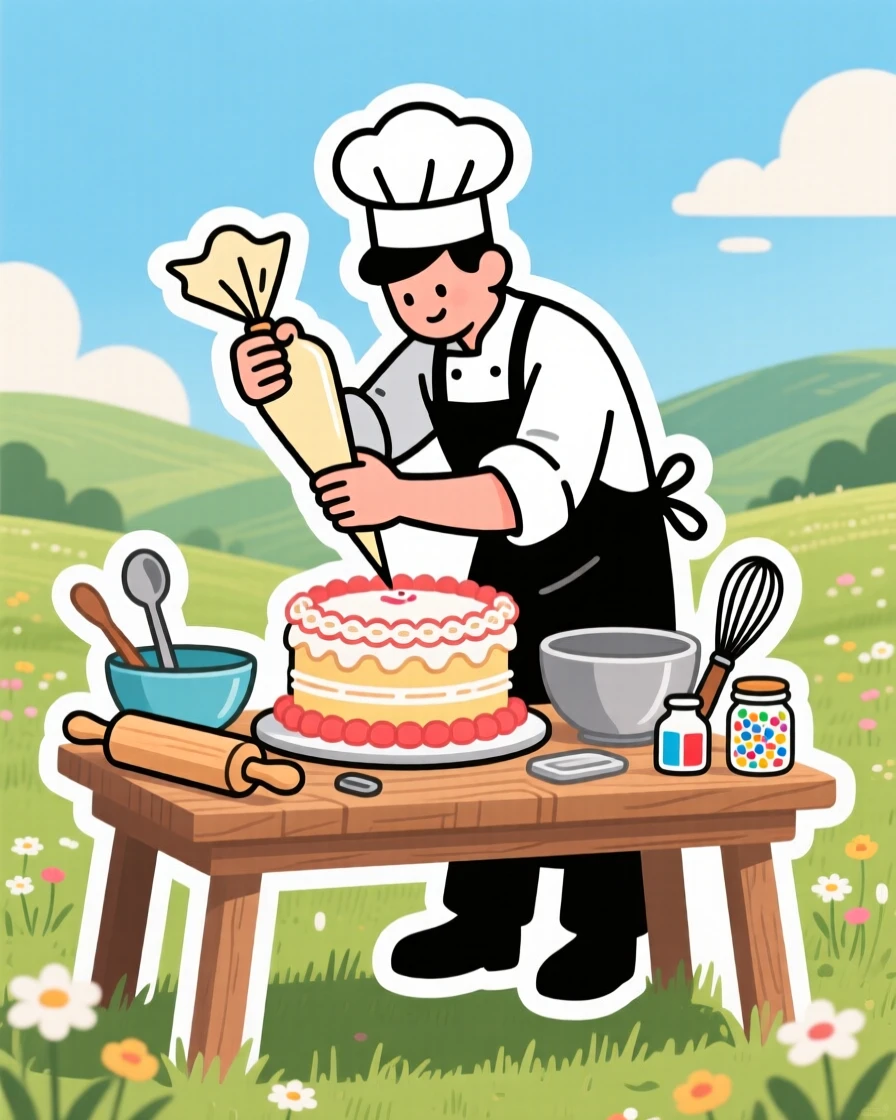 A completely absorbed baker decorating a cake with icing, surrounded by their favorite gear, at a scenic outdoor location.