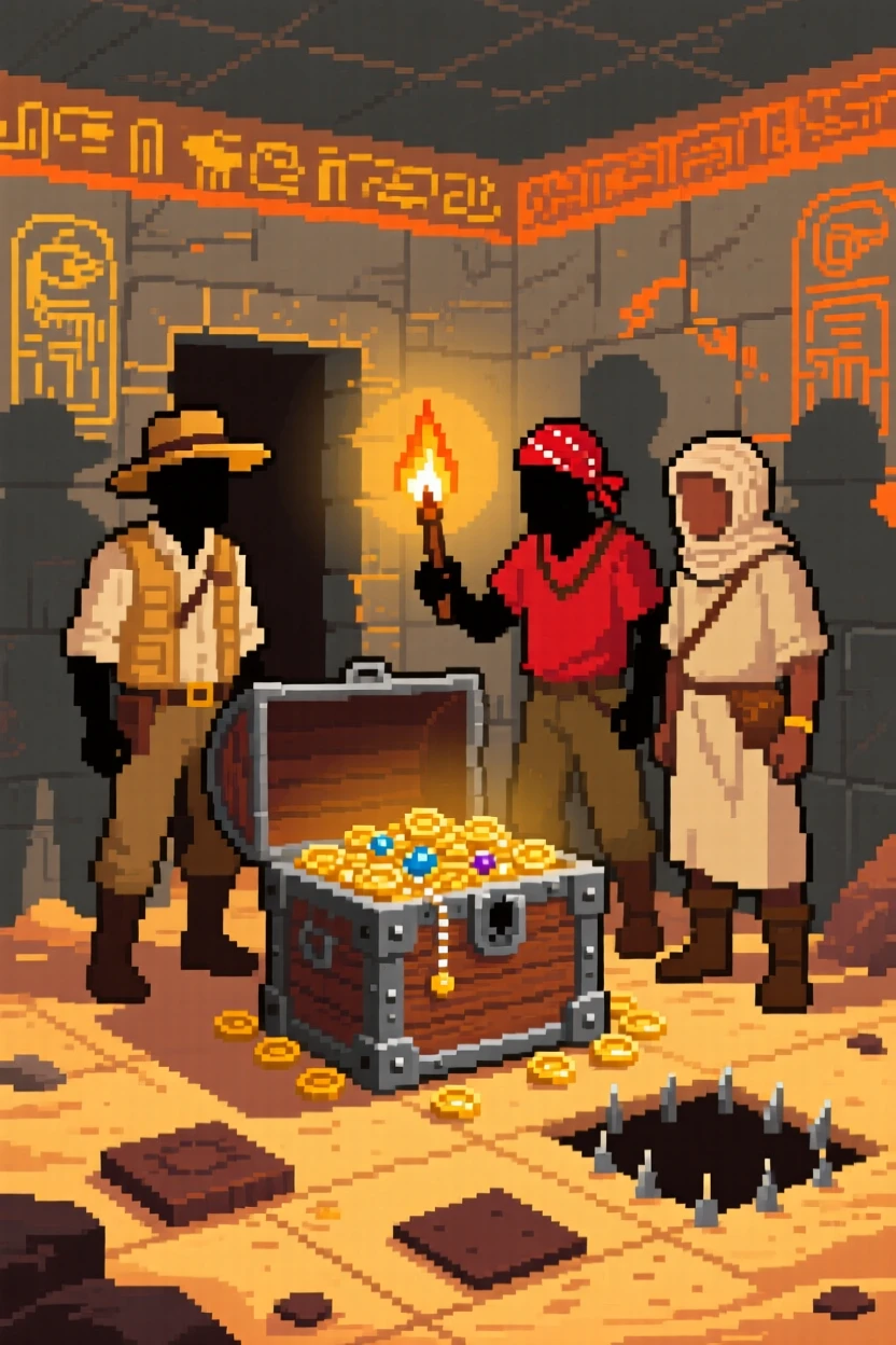 A small band of treasure hunters opening a treasure chest in a torch-lit room, in a desert temple filled with traps.