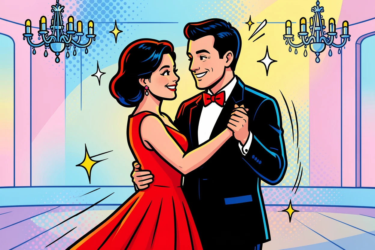 A couple slow dancing in a softly lit ballroom