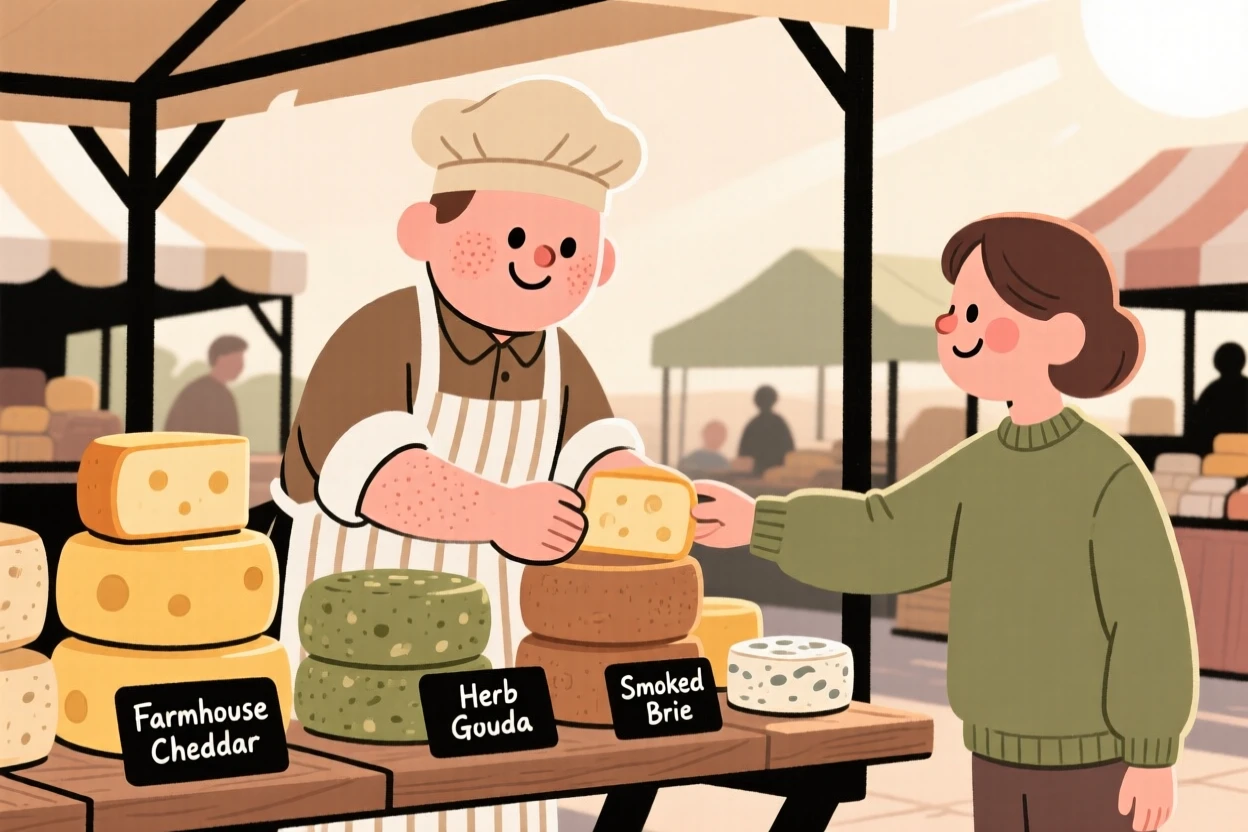 A baker arranges wheels of cheese at a bustling farmers market, greeting a regular customer with a warm smile in the morning sun.