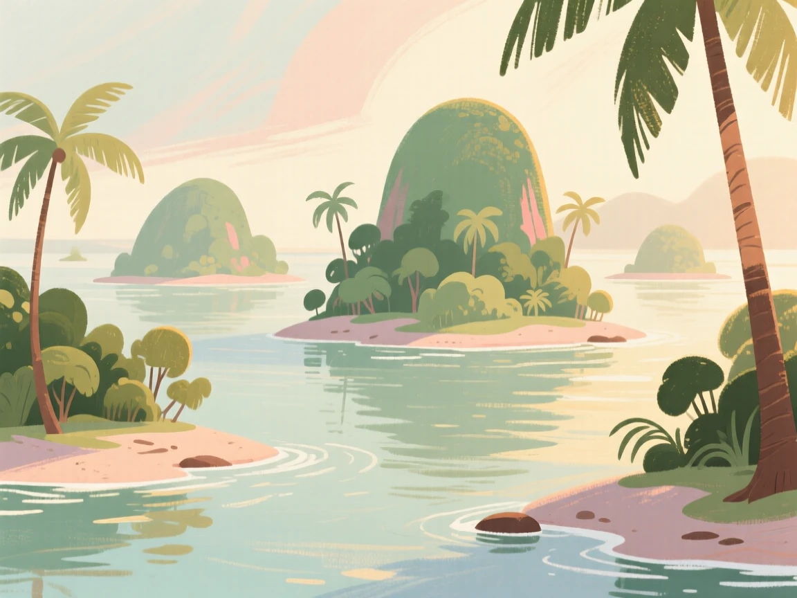 A tropical archipelago of forested islands scattered across calm water