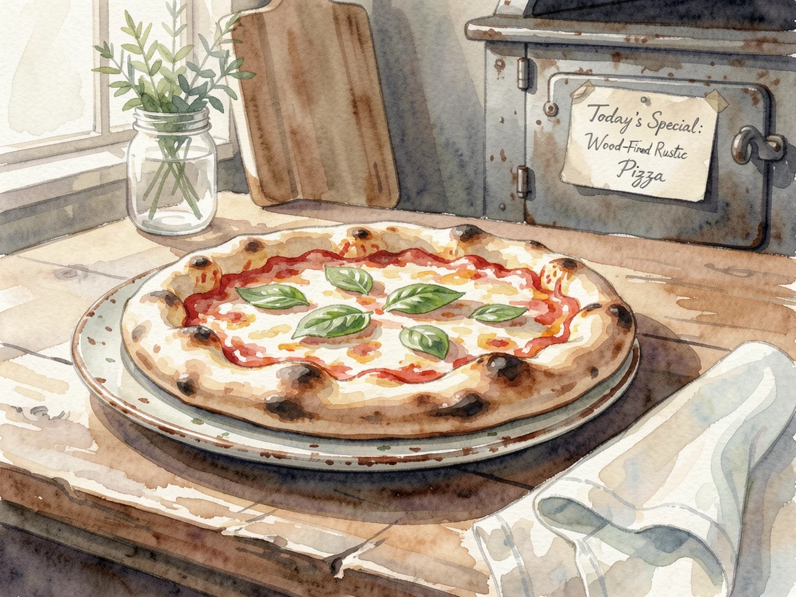 A rustic pizza fresh from the oven on a farmhouse kitchen table.